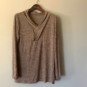 Shirt, long sleeve, asymmetric cowl neck with gold colored 1/4 zipper